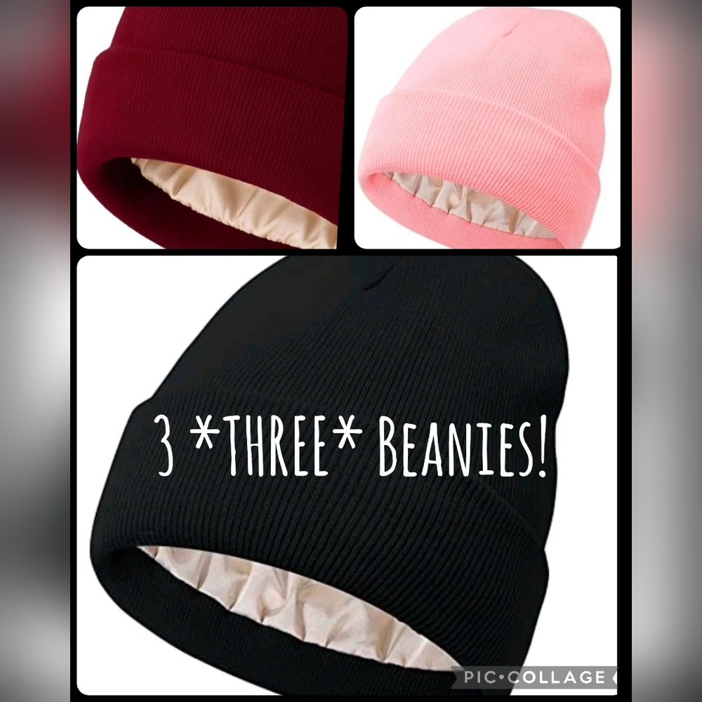 3 THREE Beanie Set - Black, Pink, and Wine